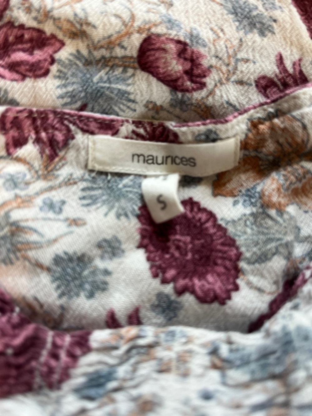 Maurices Cream Floral Ruffle Shoulder Blouse with Burgundy Print - Picture 3 of 3